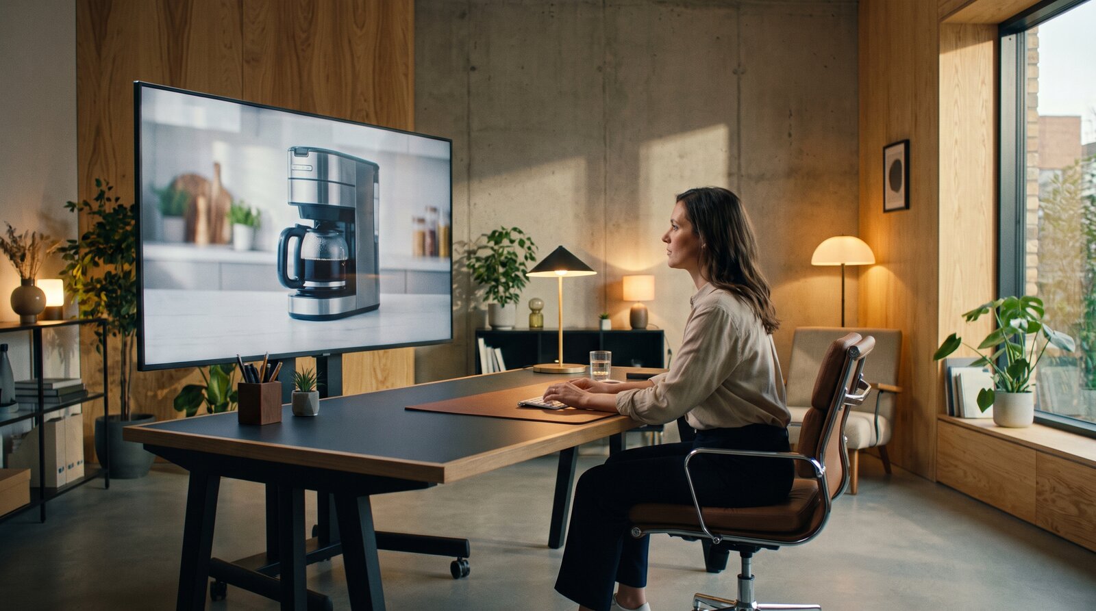 AI-generated cinematic product video being reviewed on a production monitor in a modern studio