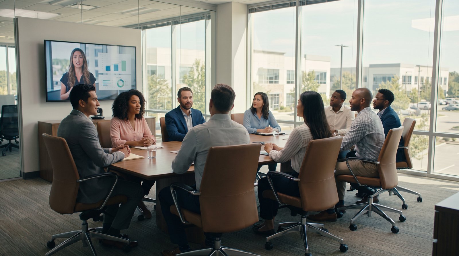 Service business team reviewing video marketing strategy in a modern conference room