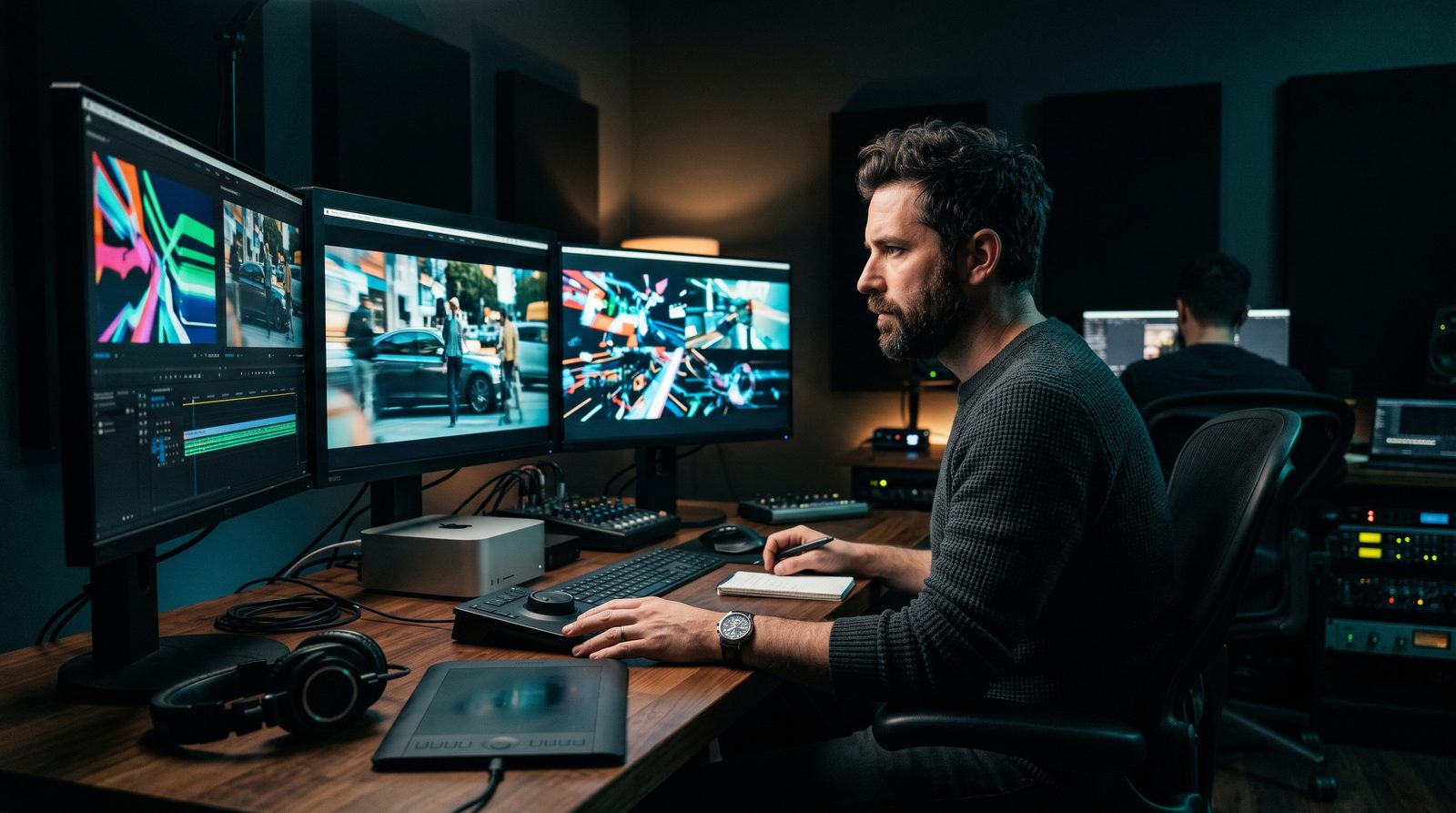 Creative director reviewing AI-generated commercial footage in a professional studio