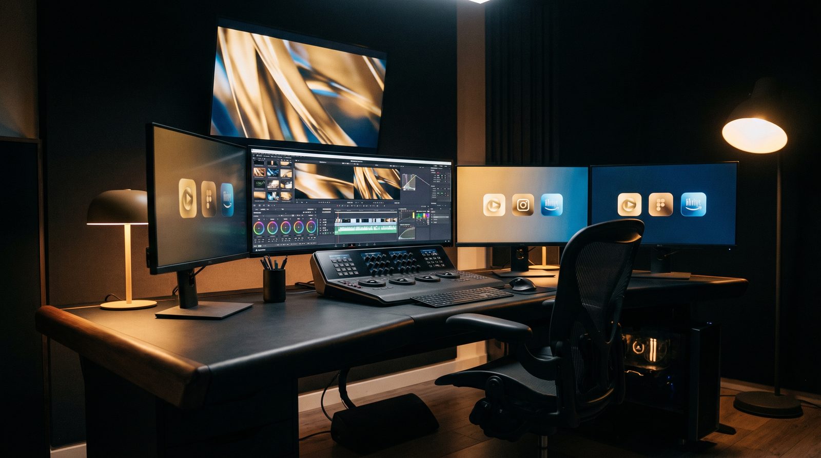Video production suite with multiple screens showing platform cuts for Meta, YouTube, and TikTok