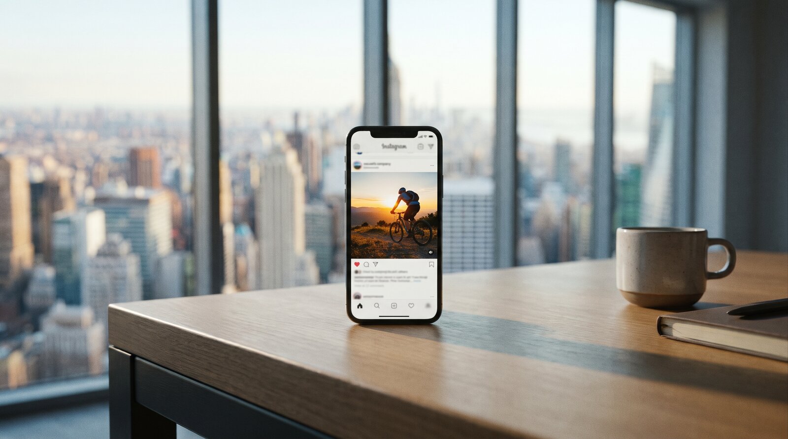 Smartphone displaying a Meta video ad on a modern New York office desk