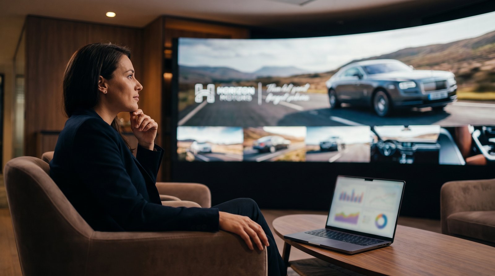 Business professional reviewing video marketing results on screen