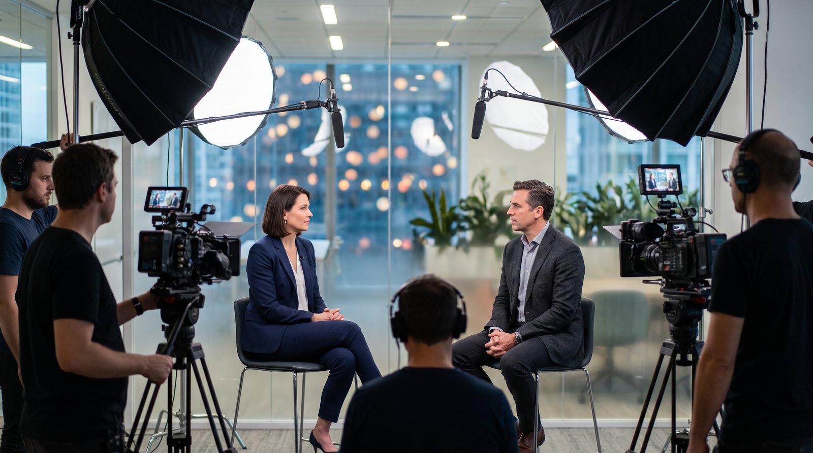 A business owner being filmed for a brand film in a professional office setting