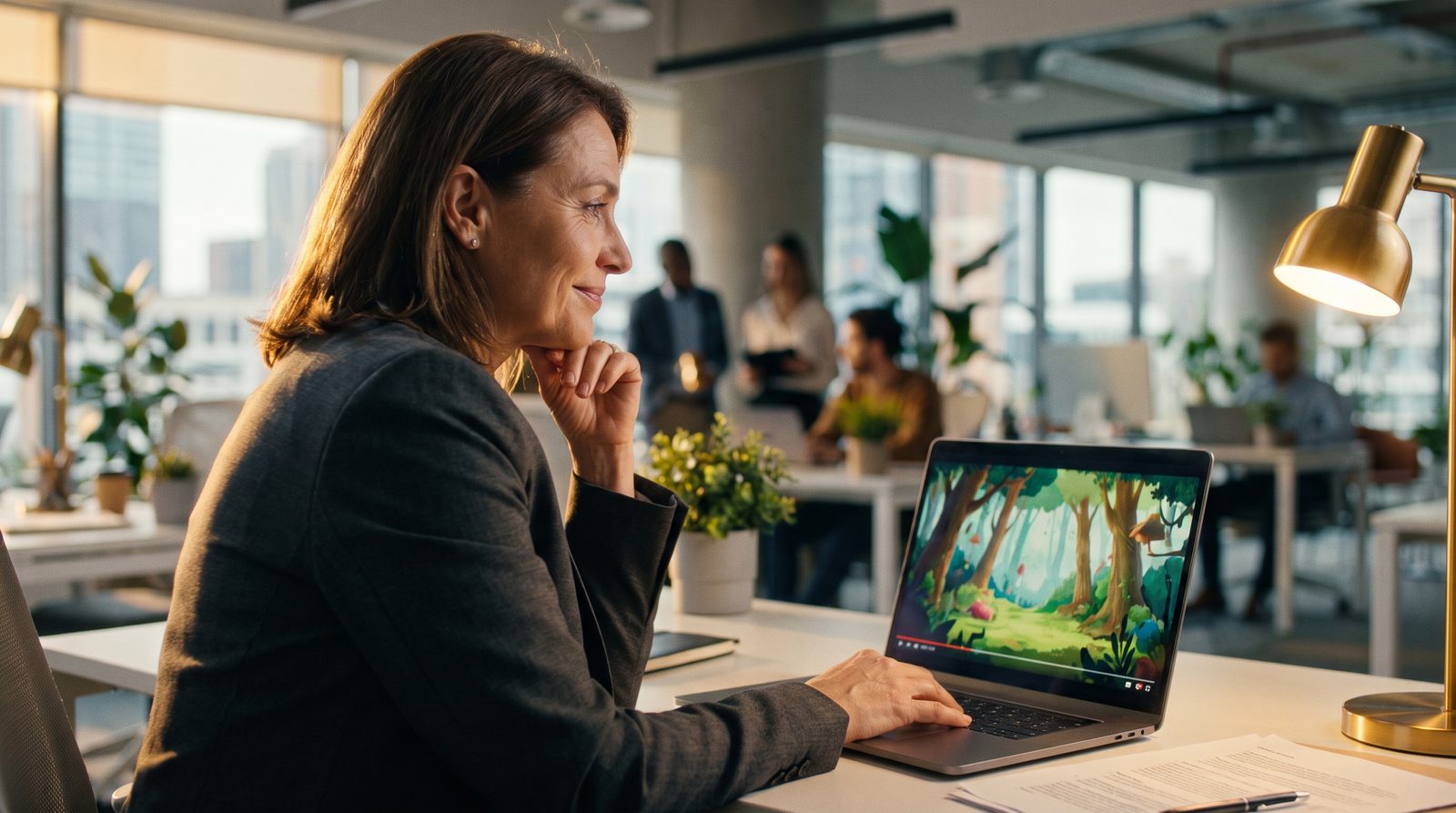 Business owner watching an AI explainer video on a laptop in a modern office